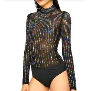 Fashion Nova woman’s black Mesh Iridescent Rhinestone Body Suit Plus size 1X